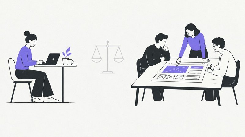 One person at a desk versus a team of three around a website blueprint