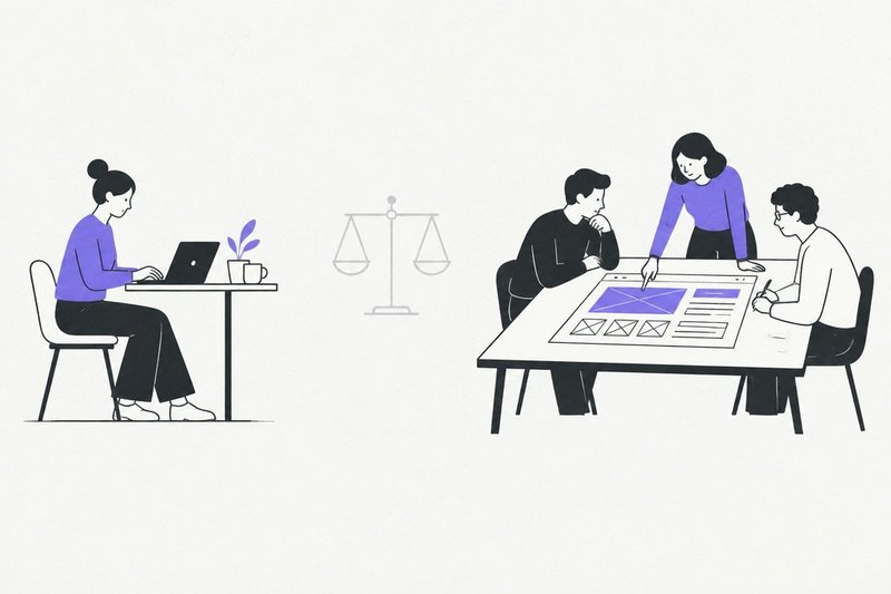 Une personne seule à son bureau face à une équipe de trois autour d'un plan de site