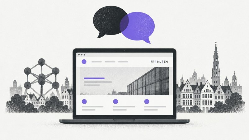 Bilingual French Dutch website: FR, NL, EN language switcher on a Belgian website, with Brussels in the background