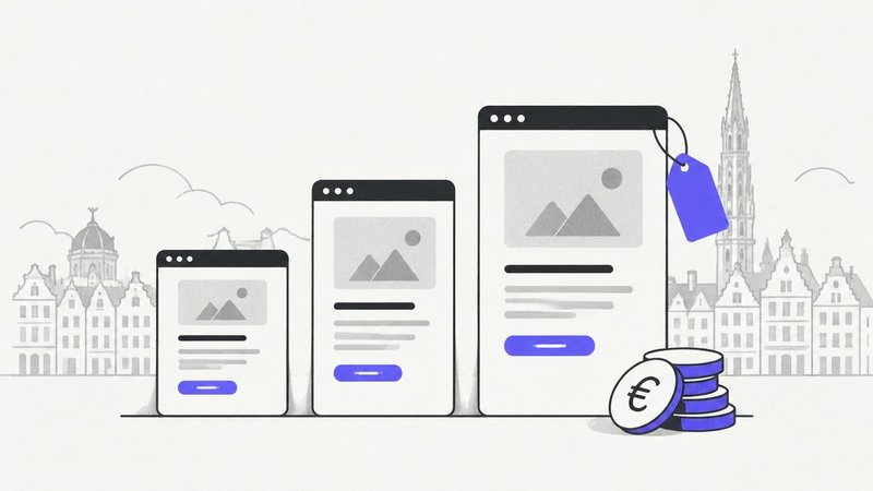 Three websites of increasing size with a price tag and euro coins