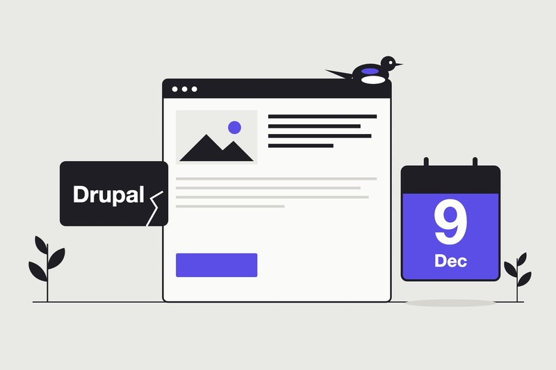 A website window, a cracked Drupal card and a calendar stopped at 9 December