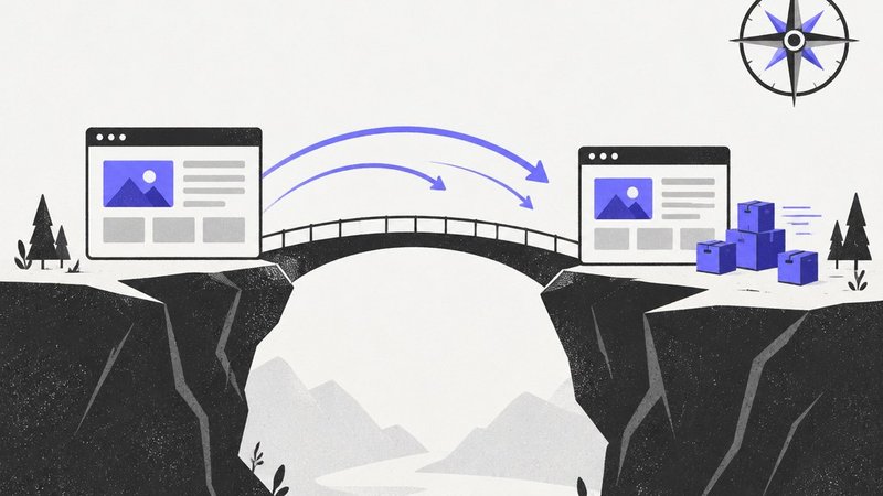 Two websites linked by a bridge with redirect arrows and a compass