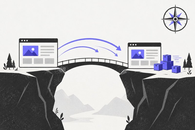 Two websites linked by a bridge with redirect arrows and a compass