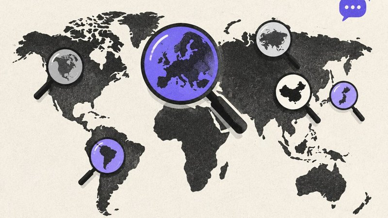 World map with a large violet magnifying glass over Europe and five smaller ones over the other continents, plus an AI chat bubble