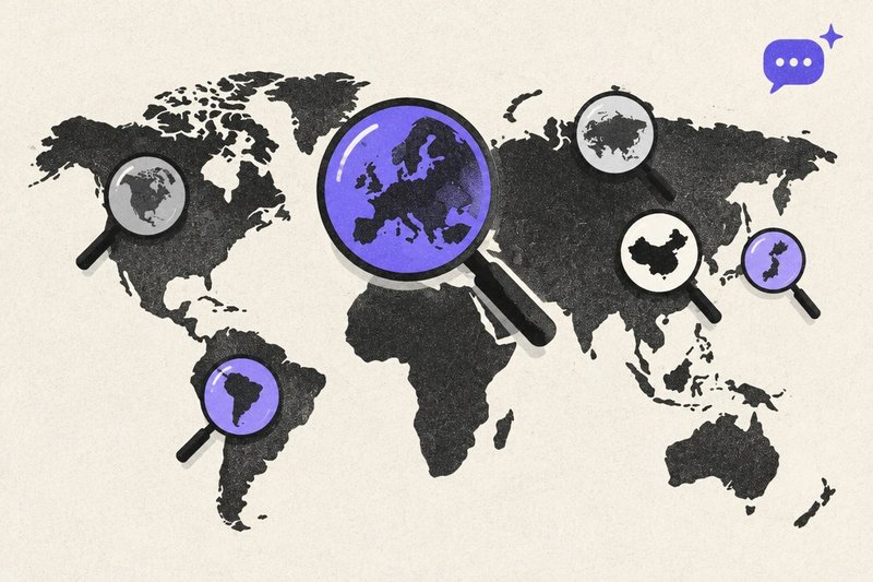 Planisphère avec une grande loupe violette sur l'Europe et cinq petites loupes sur les autres continents, et une bulle de conversation IA