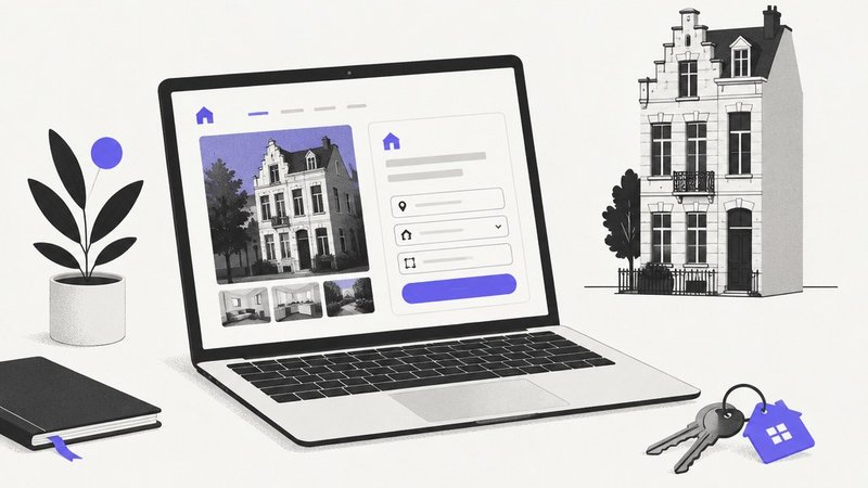 A real estate website on a laptop with keys and a Brussels townhouse facade