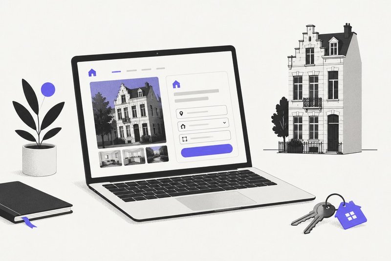 A real estate website on a laptop with keys and a Brussels townhouse facade