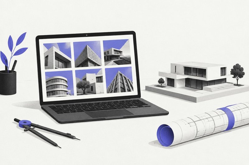 An architecture portfolio on a laptop, a compass and a rolled blueprint