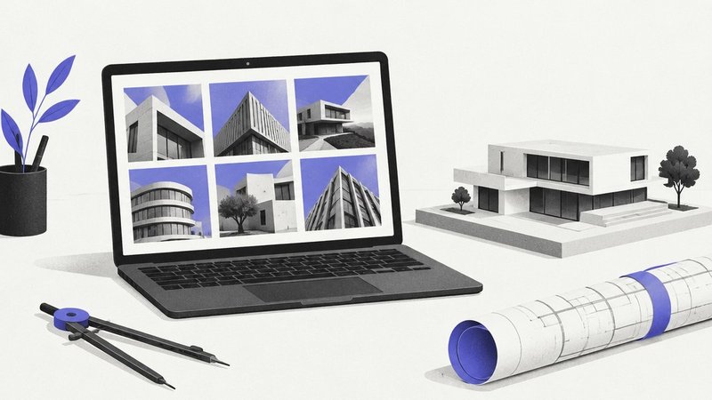 Un portfolio d'architecture sur un ordinateur portable, un compas et un plan roulé