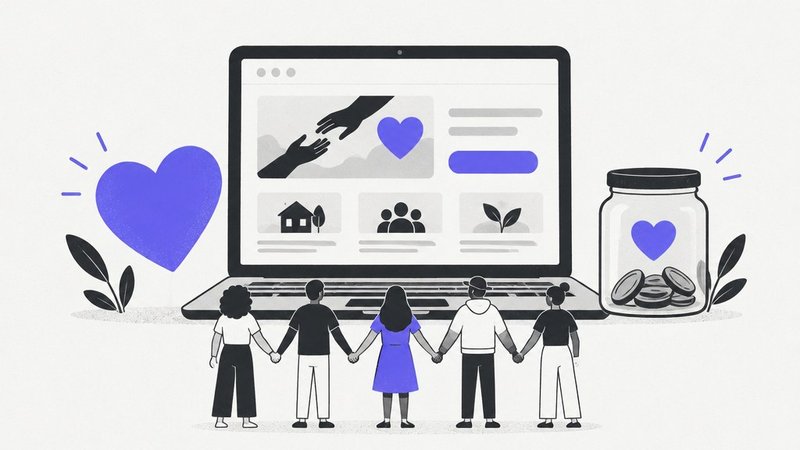 A non-profit website with a donate button, people holding hands and a heart