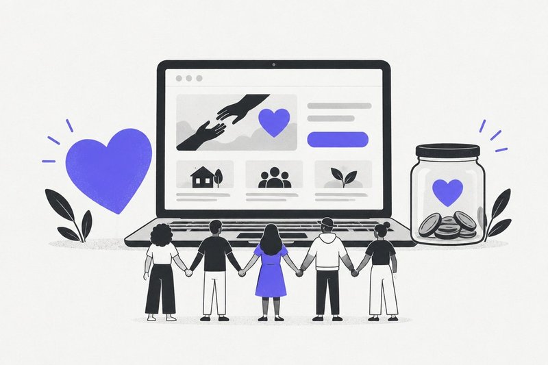 A non-profit website with a donate button, people holding hands and a heart