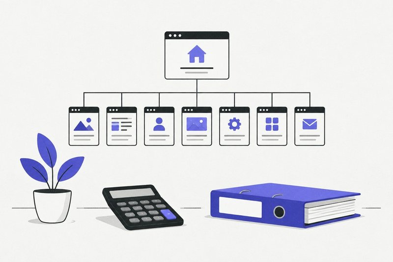 L'arborescence d'un site de cabinet comptable, avec une calculatrice et un classeur