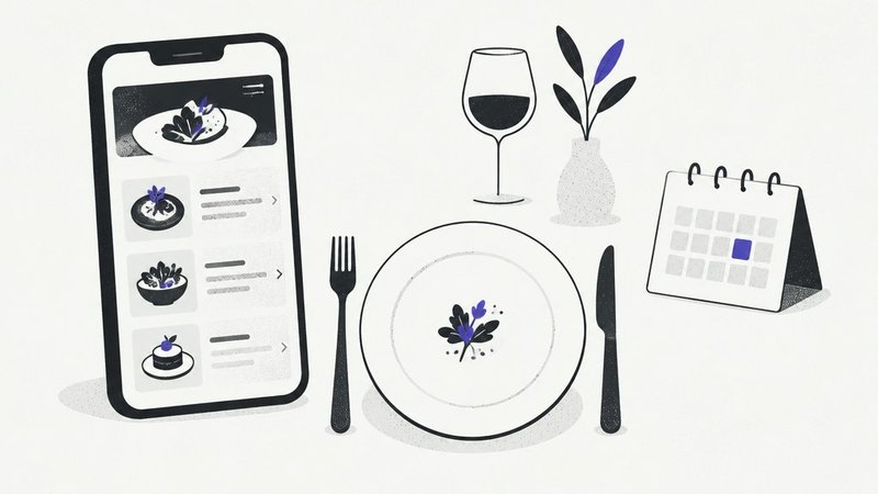 A restaurant menu on a phone, a plate and a reservation calendar