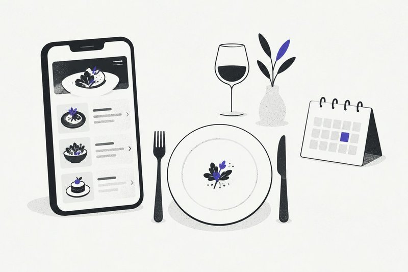 Un menu de restaurant sur un téléphone, une assiette et un calendrier de réservation