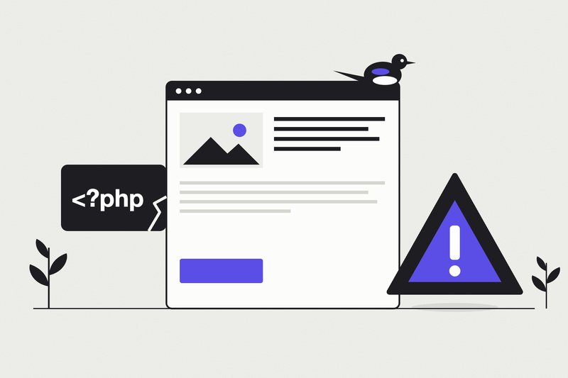 A website window displaying normally, a cracked PHP block and a warning sign