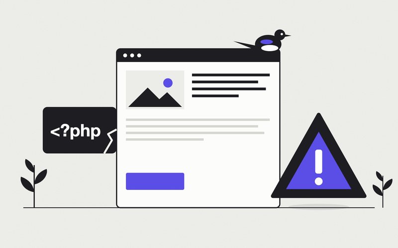 Une fenêtre de site qui s'affiche normalement, un bloc PHP fissuré et un panneau d'alerte