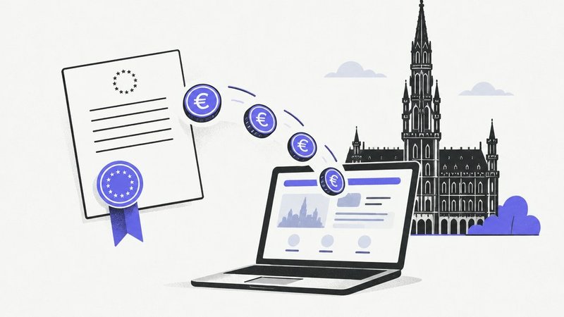 An official document with euro coins flowing to a laptop, in front of Brussels town hall