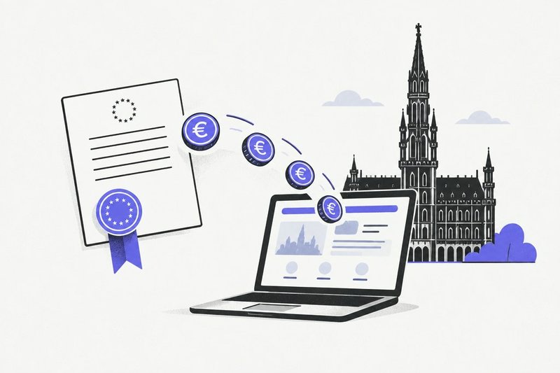 Un document officiel dont des pièces en euros s'envolent vers un ordinateur, devant l'hôtel de ville de Bruxelles