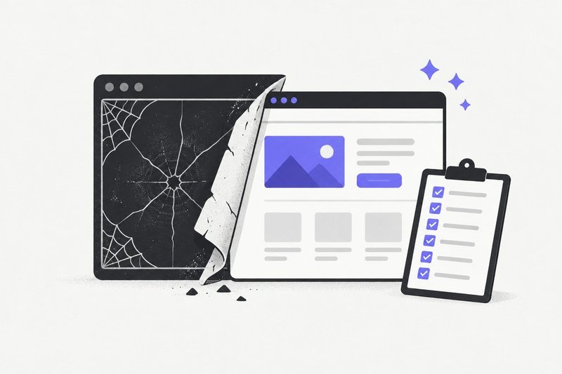 A cracked old website replaced by a fresh one, with a seven-item checklist