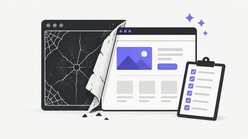 Un vieux site web fissuré remplacé par un site neuf, avec une liste de sept points cochés