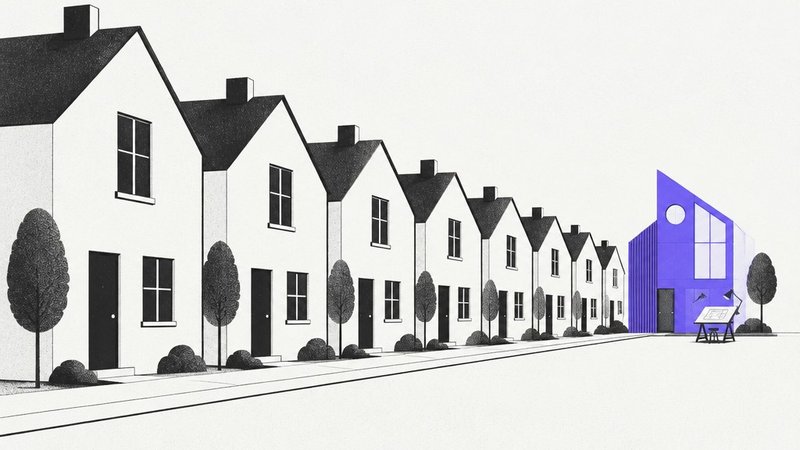 Une rue de maisons identiques et, au bout, un bâtiment unique mis en couleur