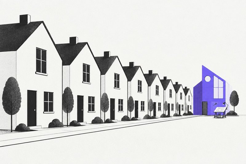 Une rue de maisons identiques et, au bout, un bâtiment unique mis en couleur