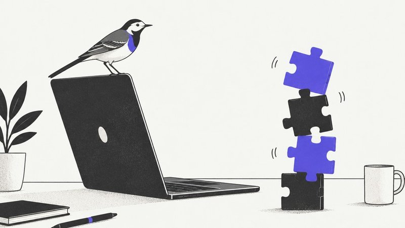 A wagtail bird on a laptop facing a stack of puzzle-piece plugins