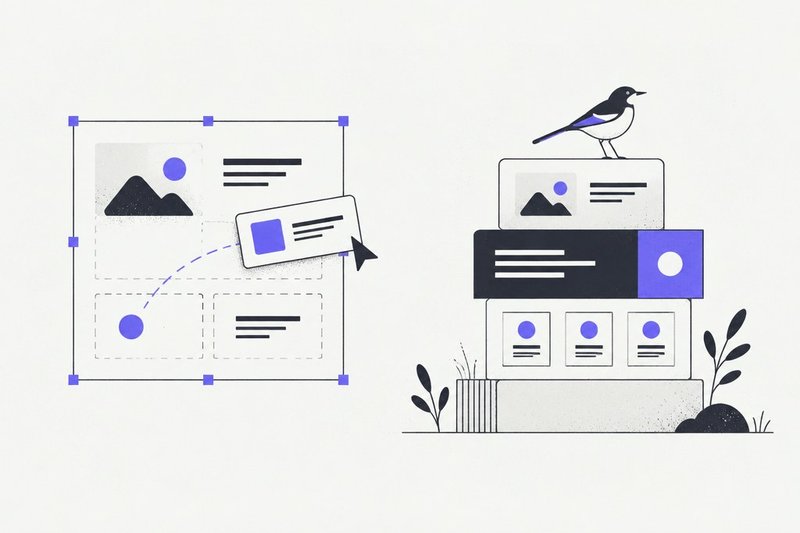 A visual editor with selection handles versus a structure of content blocks topped by a wagtail bird