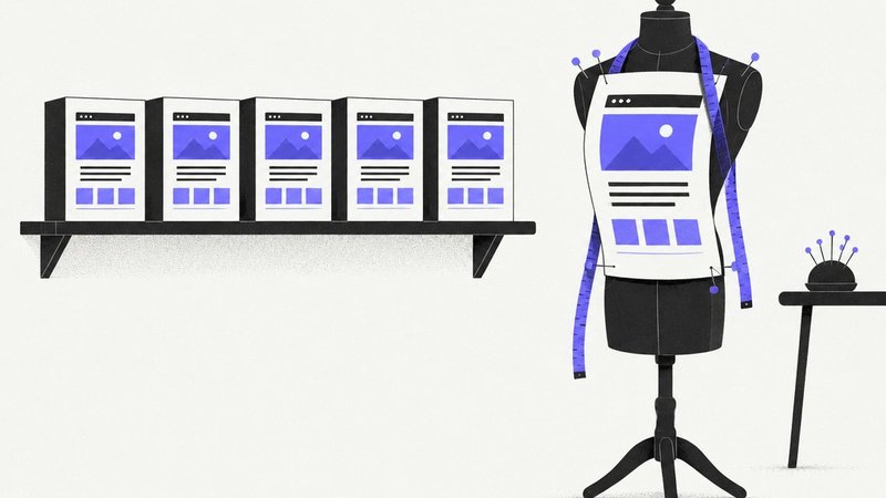 Identical websites on a shelf versus a website fitted on a tailor's dummy