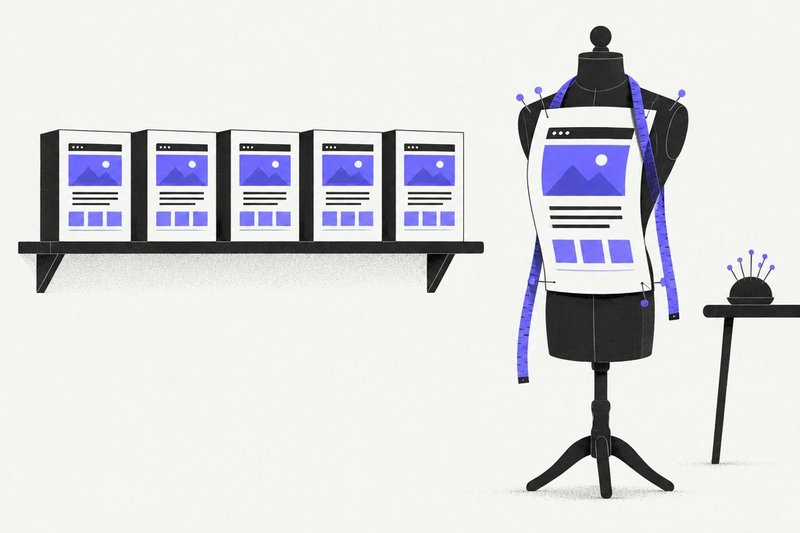 Identical websites on a shelf versus a website fitted on a tailor's dummy
